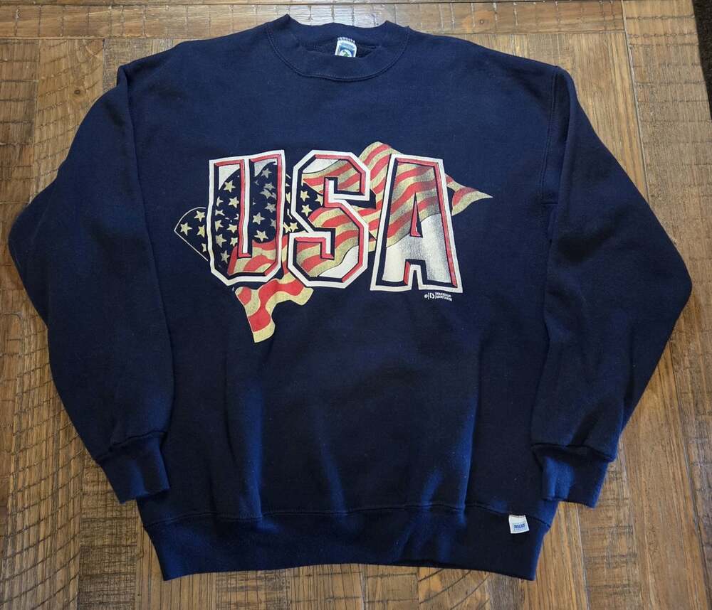 Vintage USA Print On A Discus Athletic Tag Blue Crewneck Sweatshirt Size...